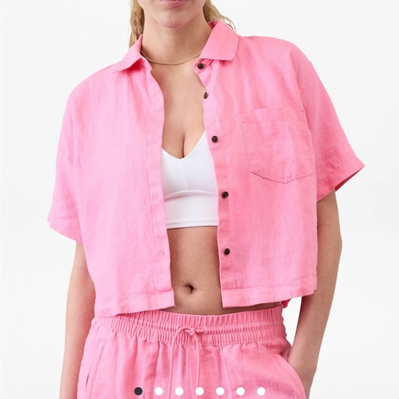 NWT Athleta Retreat Linen Short Sleeve Shirt Raphanus Pink Size Medium - Picture 1 of 5